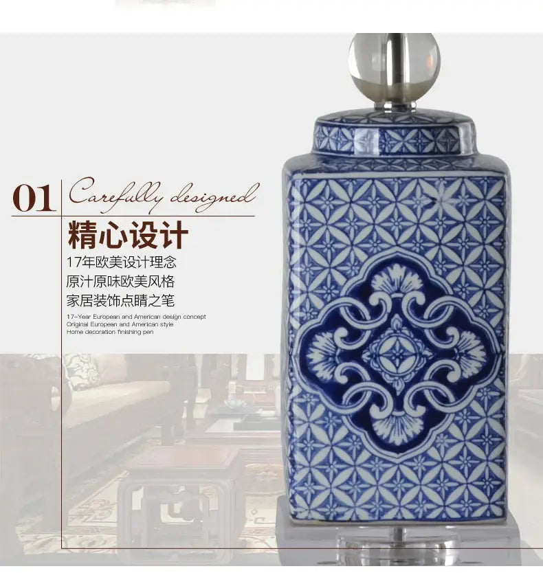 Floral blue and white porcelain table lamp with intricate geometric and floral patterns and clear glass knob decorbites white porcelain