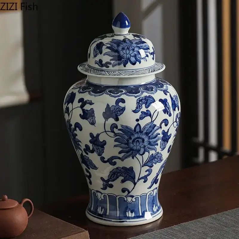 Floral blue and white porcelain tea canister with intricate white porcelain floral patterns for dining room decorbites blue white