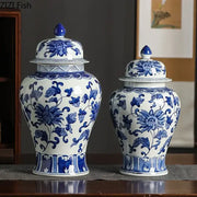 Floral blue and white porcelain tea canister featuring intricate white porcelain ginger jar decorbites blue white design