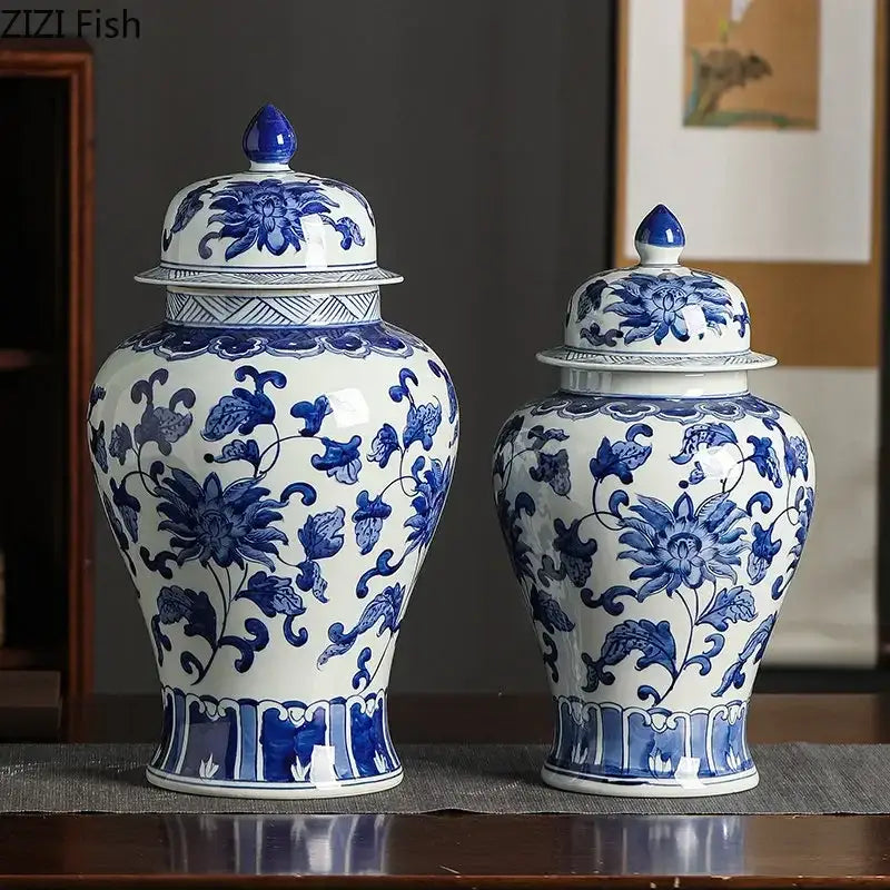 Floral blue and white porcelain tea canister featuring intricate white porcelain ginger jar decorbites blue white design