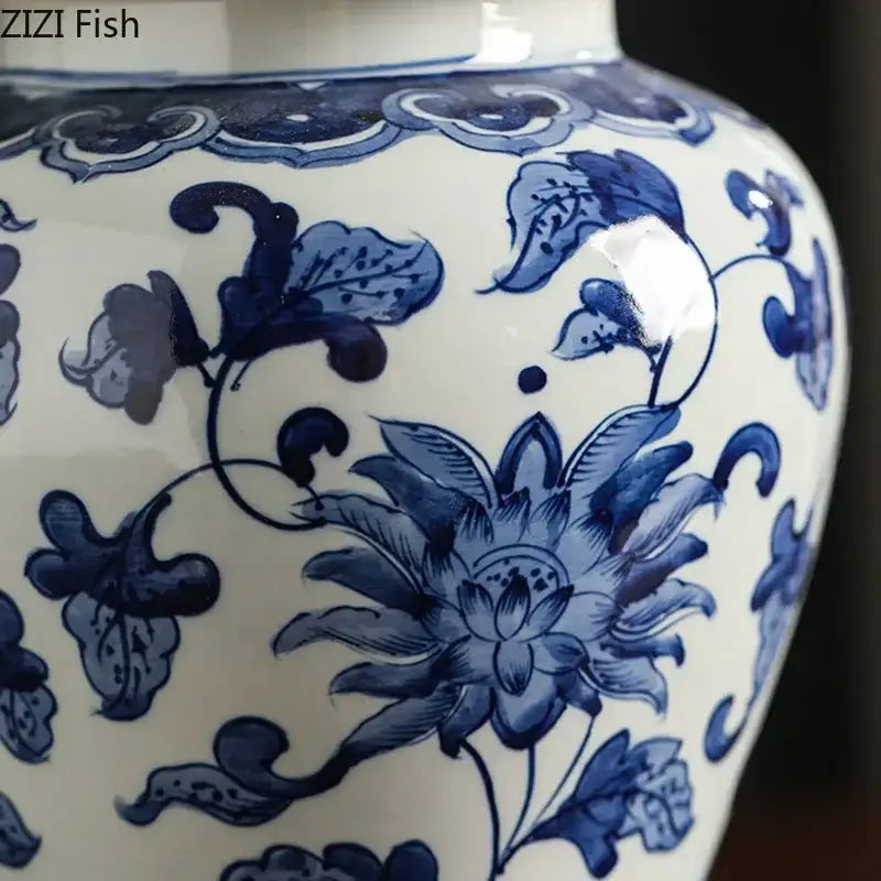 White porcelain tea canister with intricate blue floral vine patterns and glossy finish for decorbites blue white decor