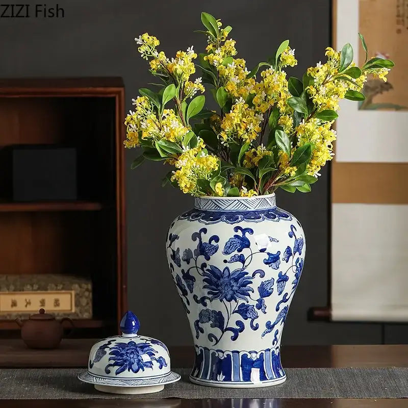 Floral blue and white porcelain tea canister with intricate floral patterns white porcelain decorbites blue white