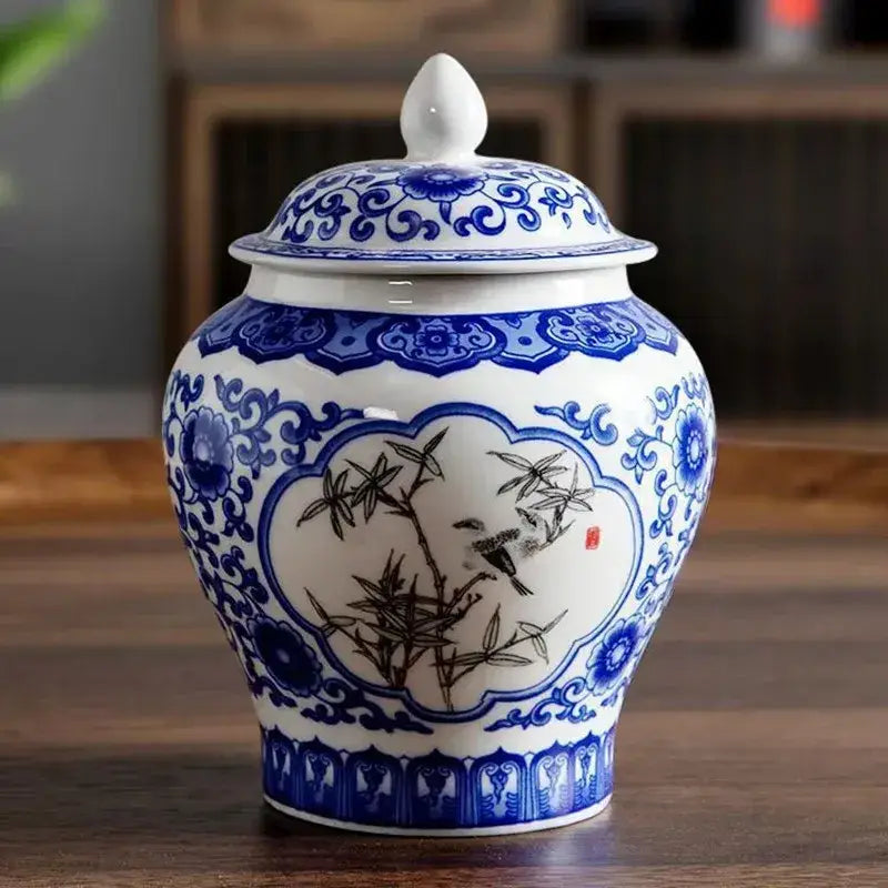 White porcelain tea canister with blue white porcelain decorbites design featuring bamboo birds and floral motifs