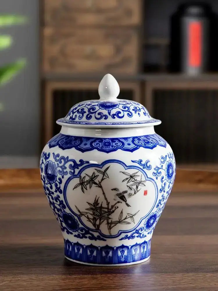 Floral blue and white porcelain tea canister with intricate bamboo and birds design for decorbites blue white kitchen storage