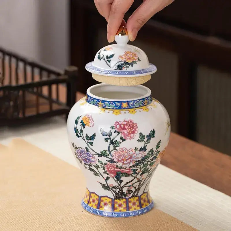 A white porcelain tea pot storage container with intricate pink, purple, and green floral patterns and blue accents