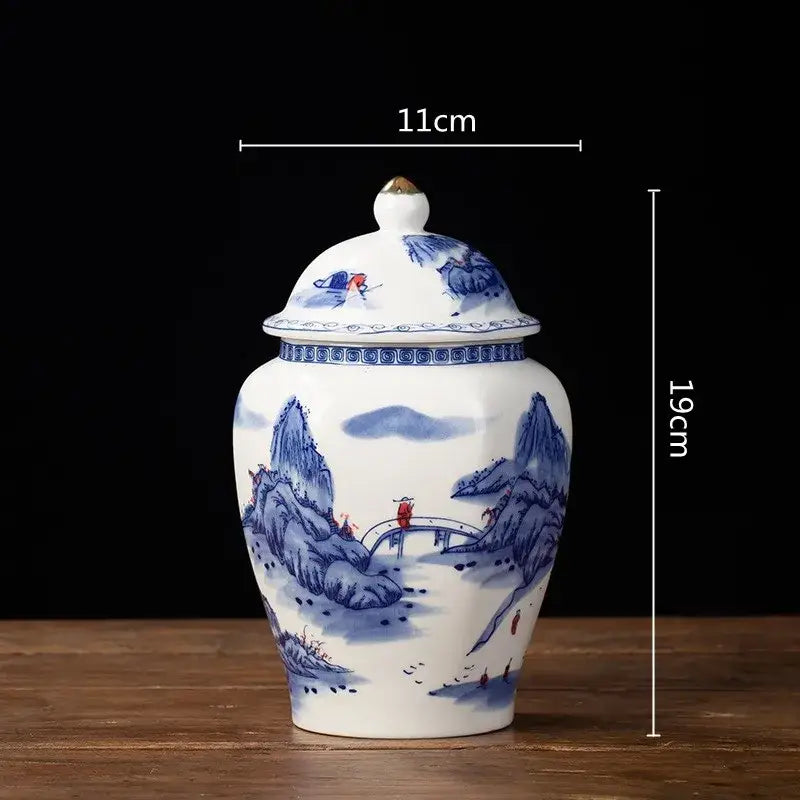 A white porcelain tea pot storage container with blue and red traditional Chinese landscape design for kitchen use