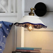 White ceramic floral blue white porcelain wall lamp with scalloped edge and navy trim for living room decorbites blue white