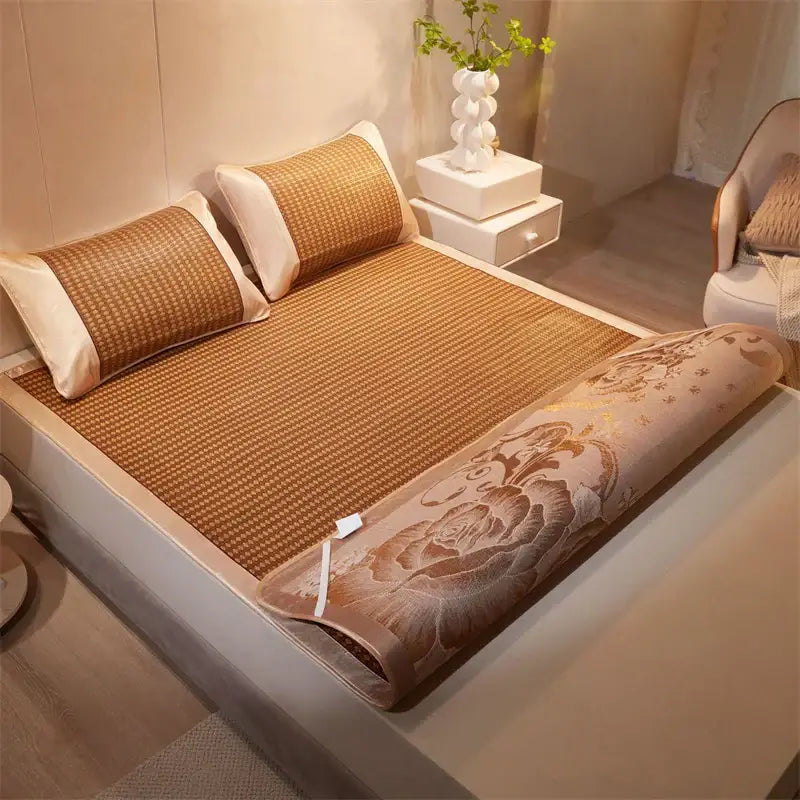 Beige woven bamboo cooling rattan mat with floral pattern and rolled edge for bedroom bed pad and pillowcase set