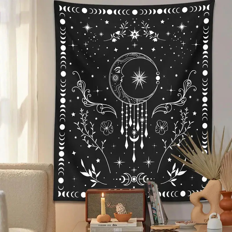 Black celestial moon phase tapestry with intricate white moon phases stars and floral designs for bedroom decorbites celestial moon decor