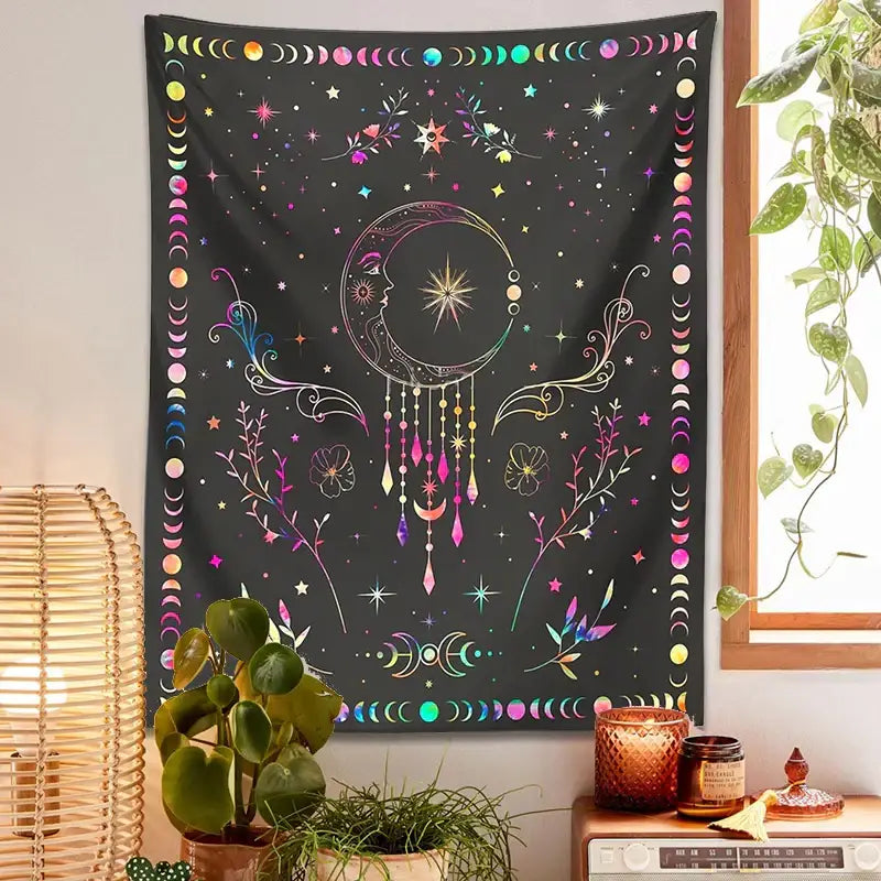 A black floral celestial moon phase tapestry featuring a crescent moon with colorful moon phases for bedroom decorbites decor