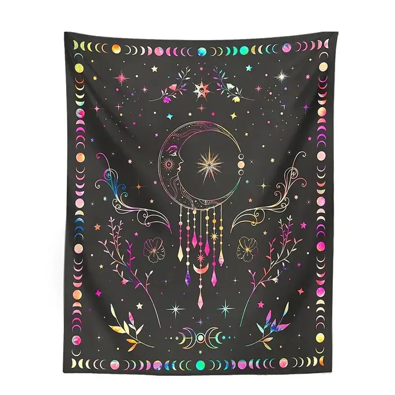 A black floral celestial moon phase tapestry with a crescent moon face and colorful celestial motifs for bedroom decor