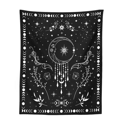 Black floral celestial moon phase tapestry featuring white moon phases, stars, and an ornate crescent moon face for decorbites celestial moon wall decor