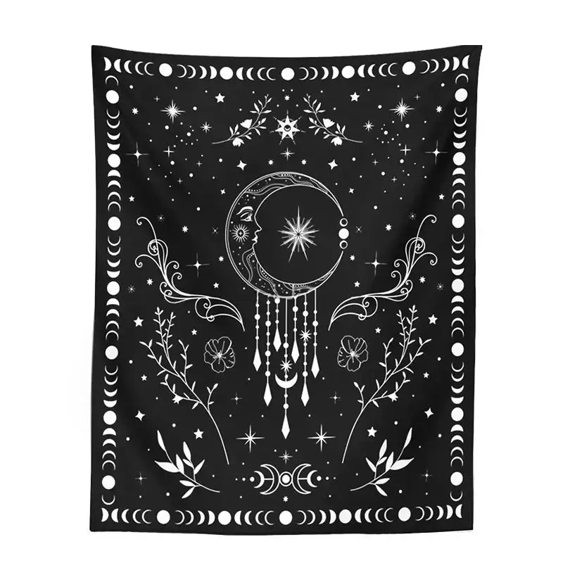 Black floral celestial moon phase tapestry featuring white moon phases, stars, and an ornate crescent moon face for decorbites celestial moon wall decor