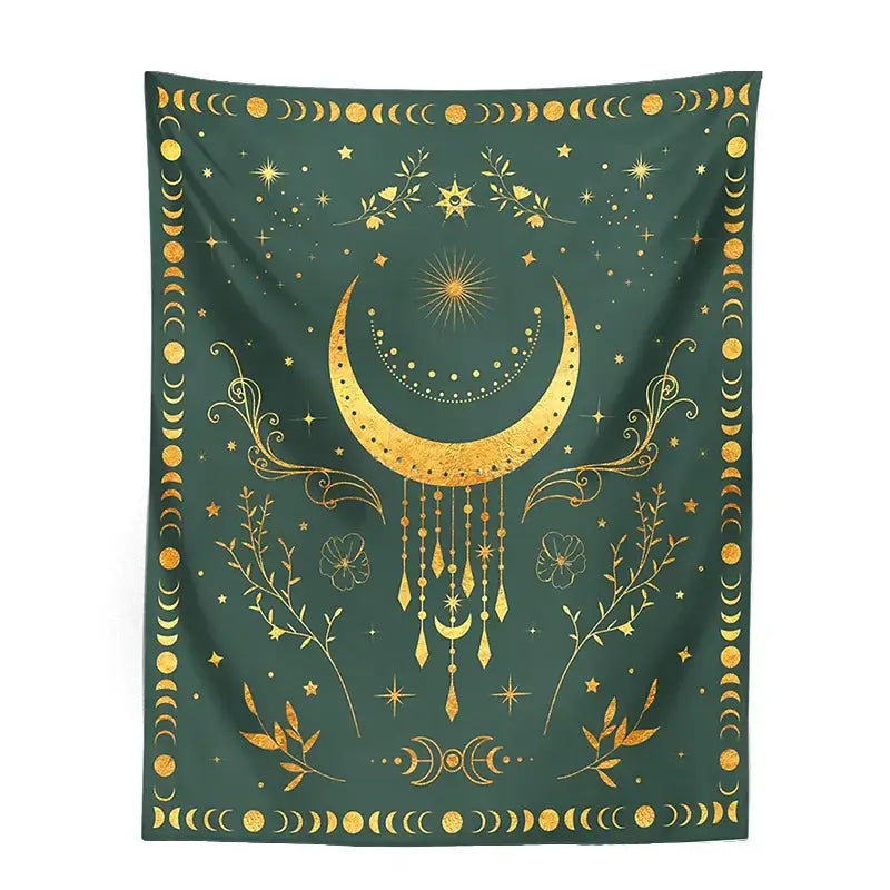 A dark green floral celestial moon phase tapestry with a golden crescent moon and embossed stars for bedroom decorbites celestial moon decor