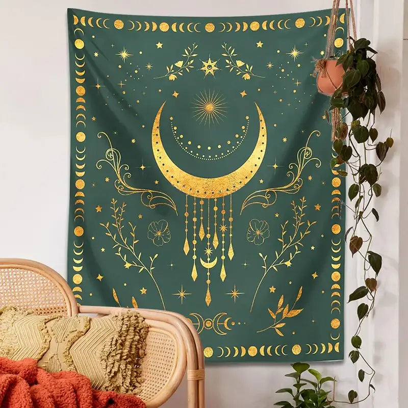 Floral celestial moon phase tapestry in dark green with gold celestial moon designs for decorbites celestial moon decor