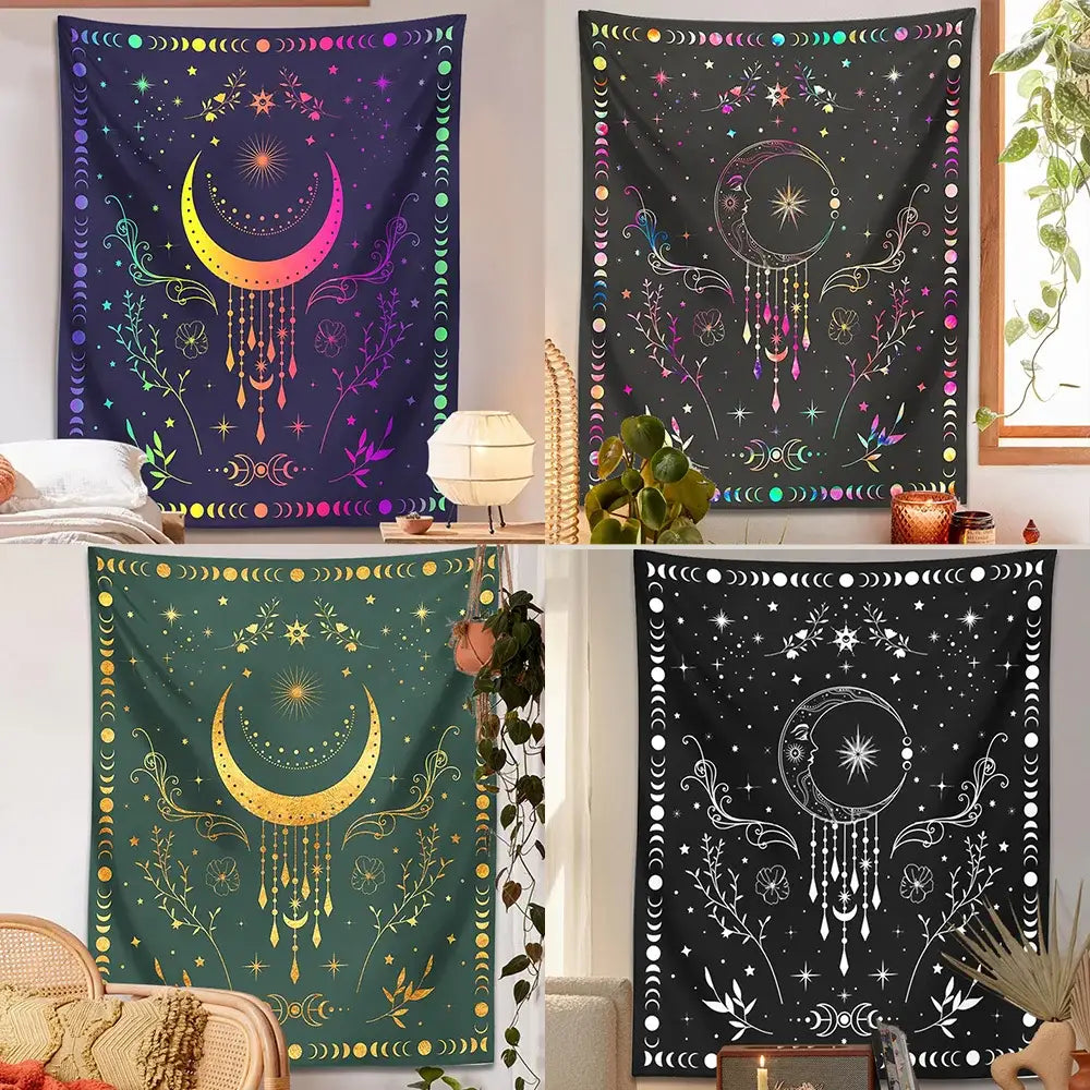 Four floral celestial moon phase tapestries with crescent moon and star designs in vibrant and monochrome colors for decorbites celestial moon bedroom wall decor