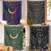 Four floral celestial moon phase tapestries with crescent moon and star designs in vibrant and monochrome colors for decorbites celestial moon bedroom wall decor
