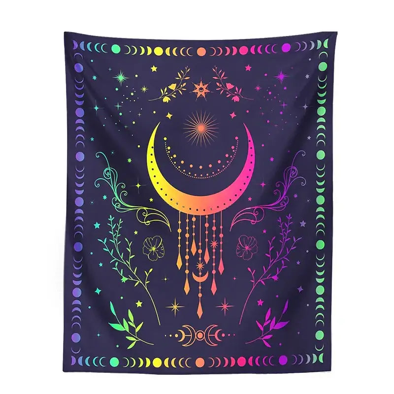 A vibrant rainbow-gradient celestial moon phase tapestry with floral motifs on deep purple for bedroom decorbites decor