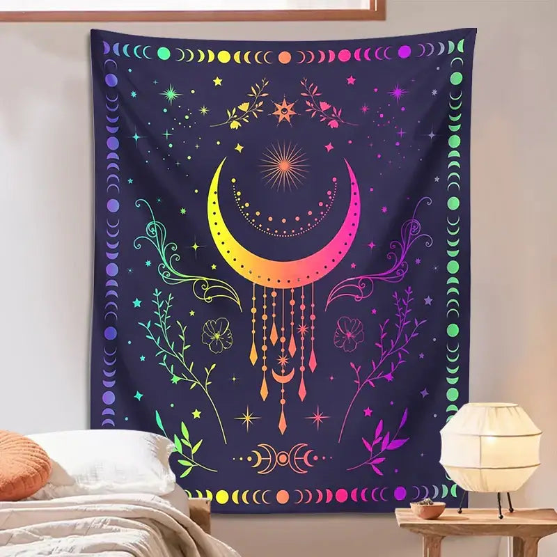 A vibrant dark navy floral celestial moon phase tapestry with a rainbow-gradient crescent for bedroom wall decor