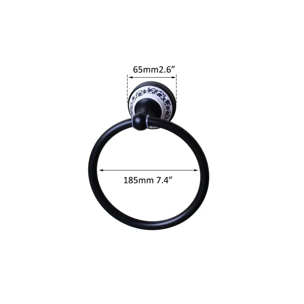 Black matte towel ring with decorative blue floral ceramic backplate decorbites black stainless steel bathroom decor