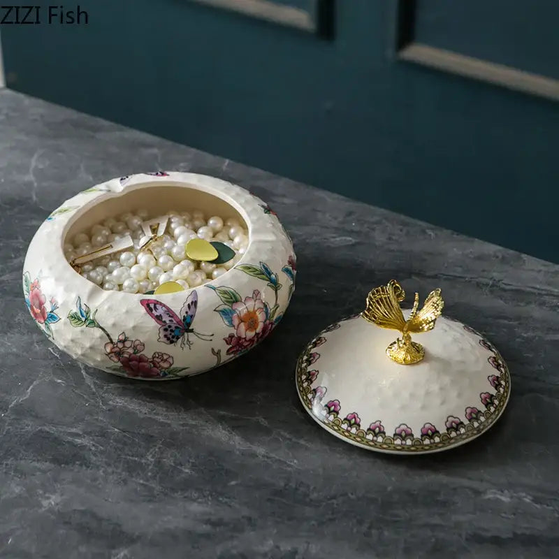 White ceramic floral jewelry box with gold bird finial and dragonfly lid ceramic for bedroom storage decorbites dragonfly lid