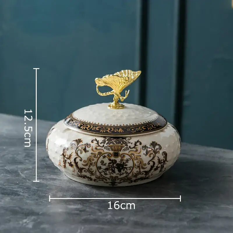 White ceramic floral jewelry box with gold black patterns and golden leaf dragonfly lid decorbites dragonfly lid ceramic