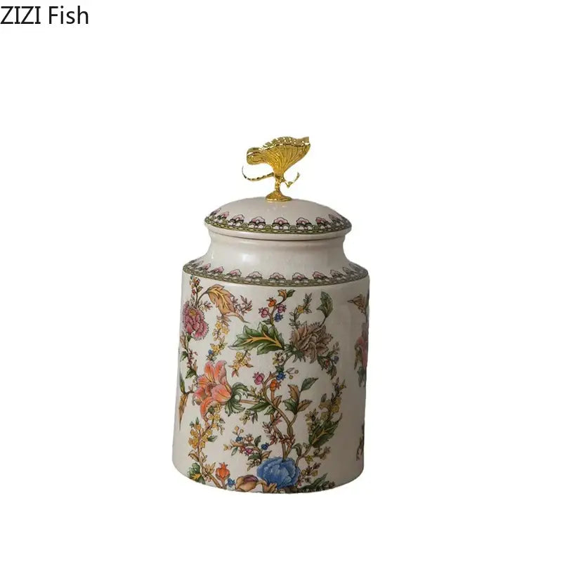 White porcelain floral ceramic storage jar with gold-toned decorbites dragonfly lid for bedroom jewelry box