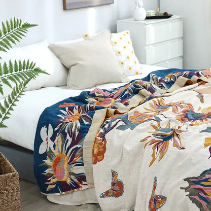 Floral cotton summer blanket and pillow set featuring a vibrant floral and butterfly decorbites cotton summer design
