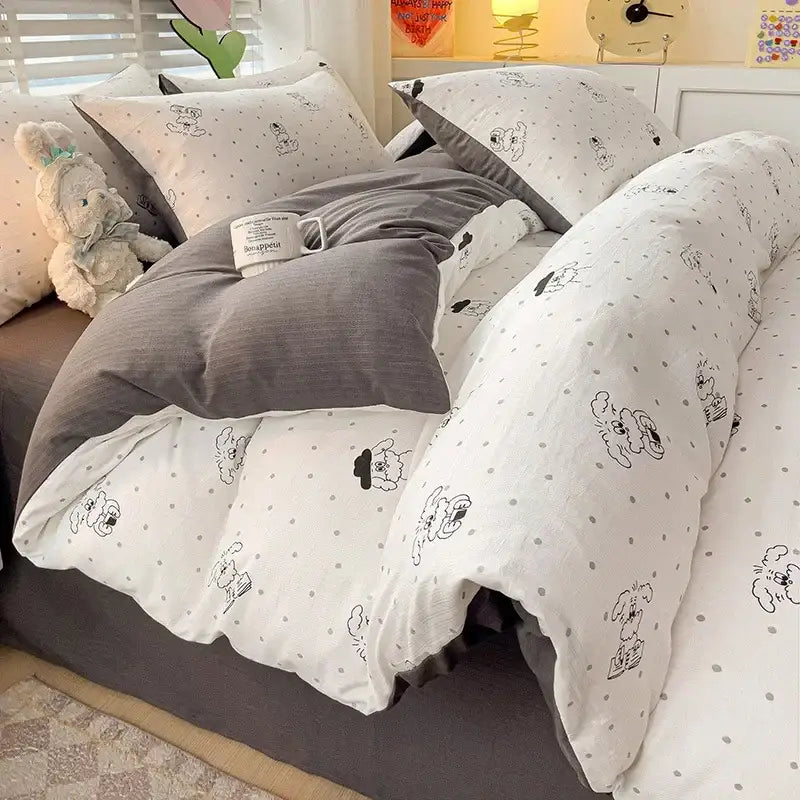 Floral cream and peach double layer cotton quilt cover set with white duvet cover featuring black cartoon dogs and gray polka dots