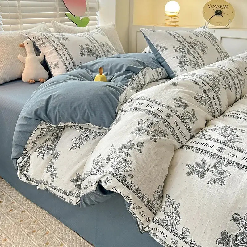 Floral cream and peach double layer cotton quilt cover set with blue and white floral pattern and lace trim for bedroom