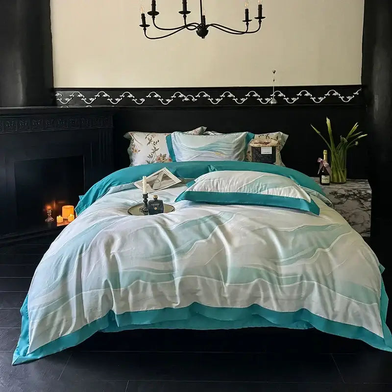 Teal and white striped egyptian cotton bedding set with soft flowing fabric design for bedroom duvet cover