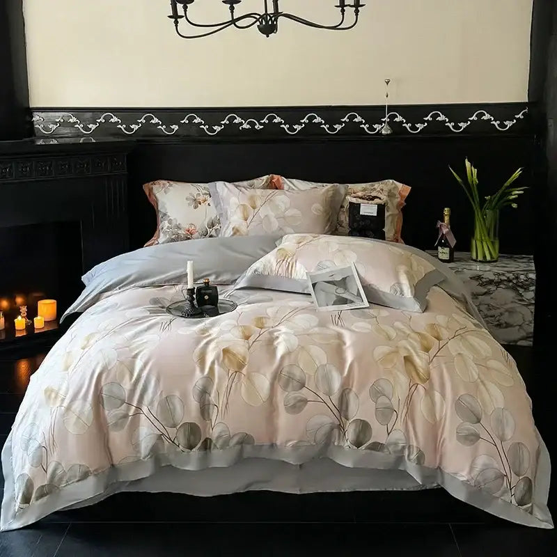 Elegant blush pink and gray floral duvet cover cotton bedding set in egyptian cotton with subtle sheen and leaf patterns