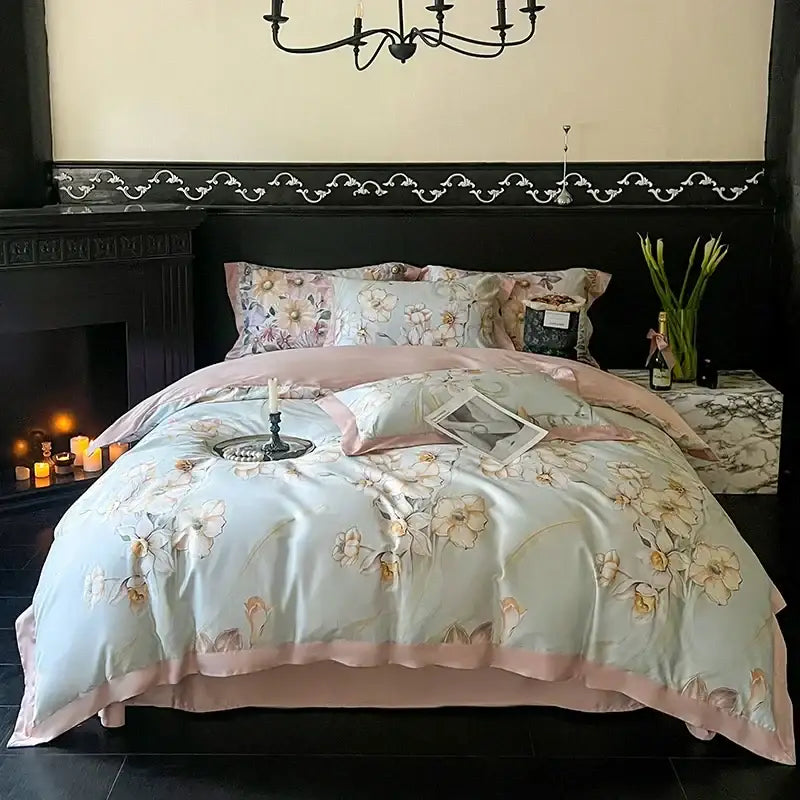 Floral cream and caramel egyptian cotton bedding set with light blue floral duvet and soft pink satin trim