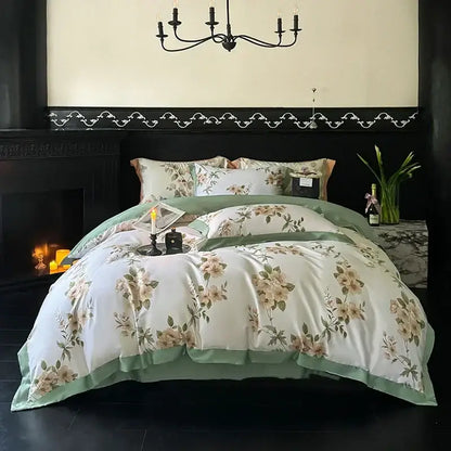 Elegant white and sage green floral egyptian cotton bedding set with beige blossoms and a soft satin finish