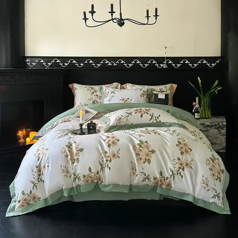 Elegant white and sage green floral egyptian cotton bedding set with beige blossoms and a soft satin finish
