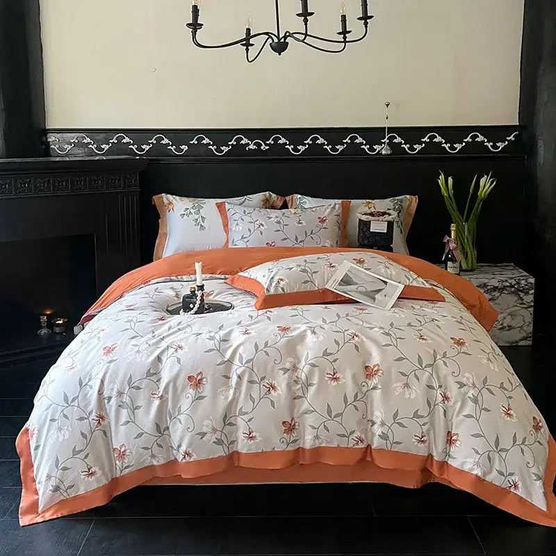 Floral cream and caramel egyptian cotton bedding set with white base orange trim and pink gray blossoms duvet cover