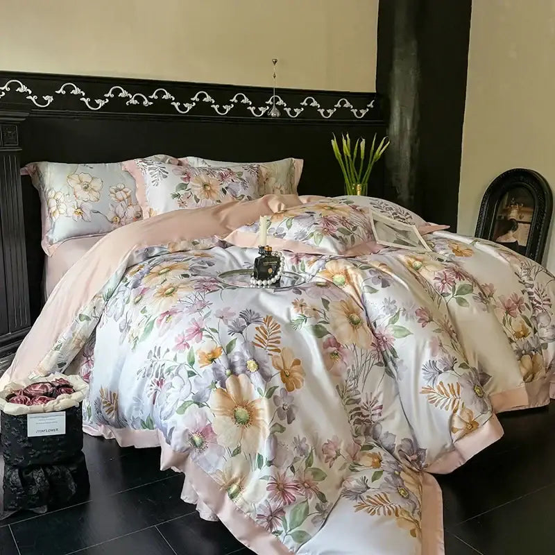 Pastel floral satin duvet set with pink and cream accents in floral cream and caramel egyptian cotton bedding set