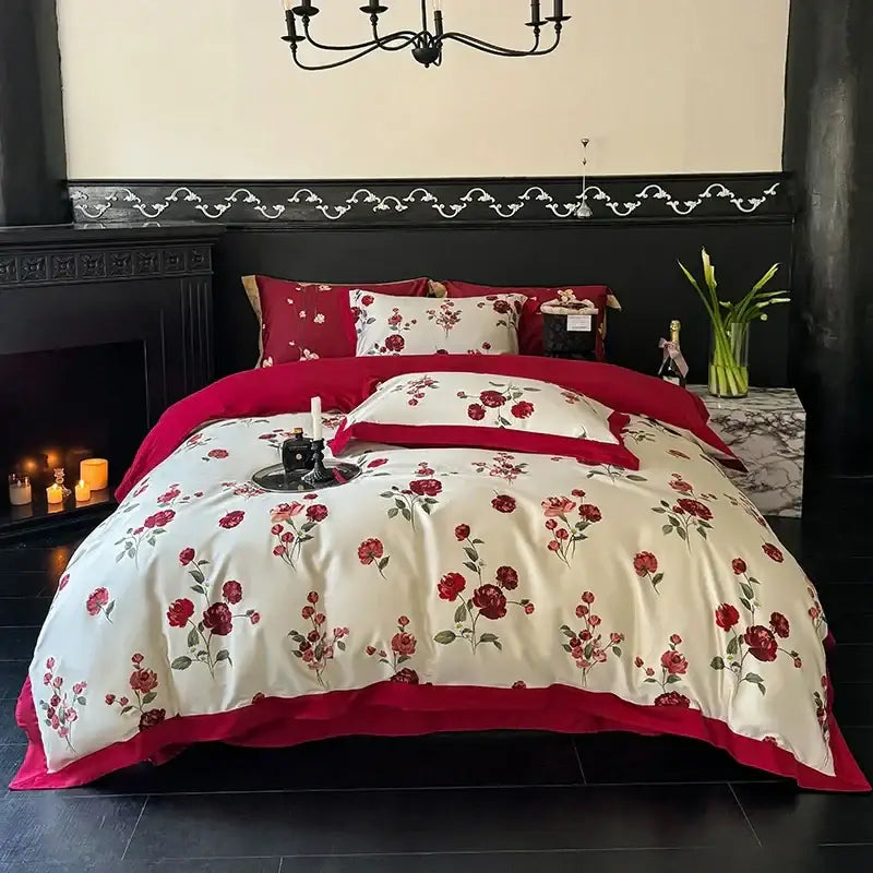 Cream-colored satin duvet cover with red rose floral pattern and piping in floral cream and caramel egyptian cotton bedding set