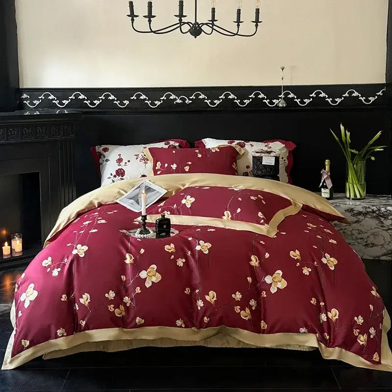 Rich burgundy and gold floral satin finish duvet set from a floral cream and caramel egyptian cotton bedding set