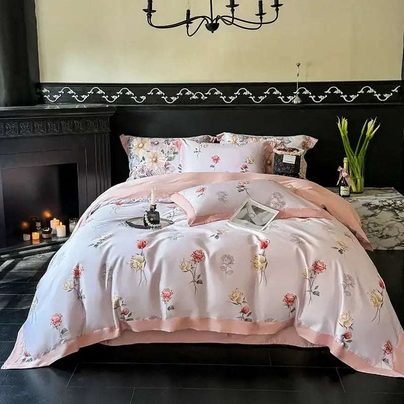 Pink floral satin bedding set with rose and hydrangea patterns on blush background with peach piping in egyptian cotton bedding set