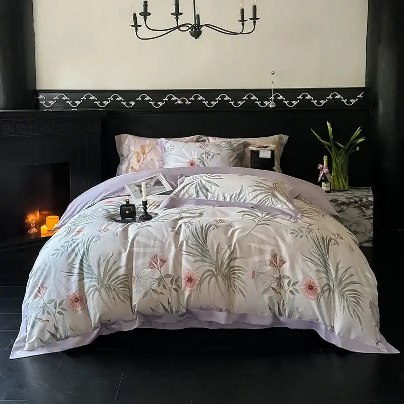Floral cream and caramel egyptian cotton bedding set with soft lavender and cream duvet featuring pink blossoms and satin trim