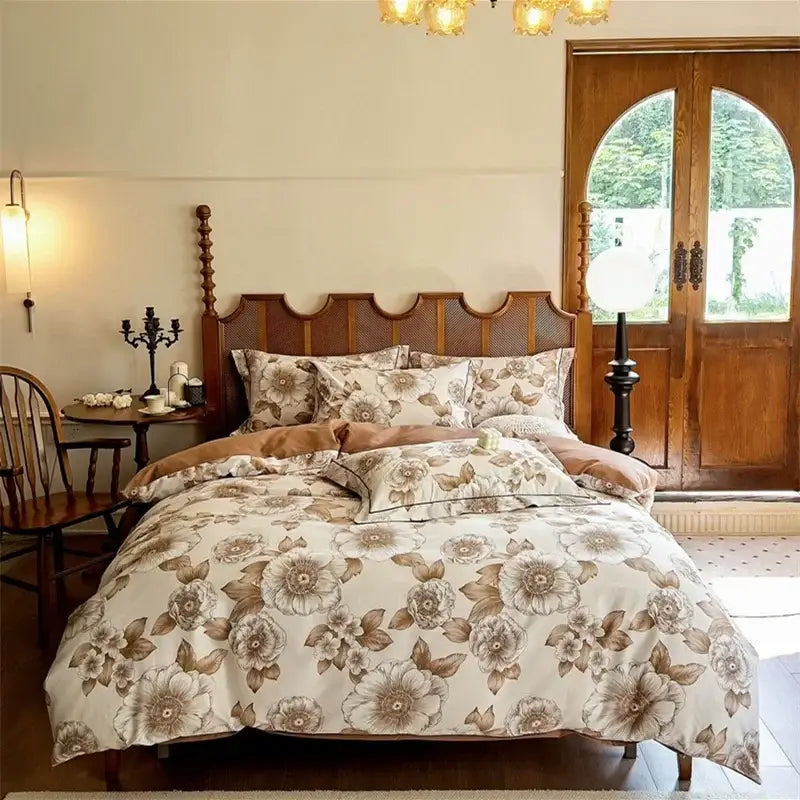Beige and brown floral patterned egyptian cotton bedding sets with matching duvet cover pillowcases and shams