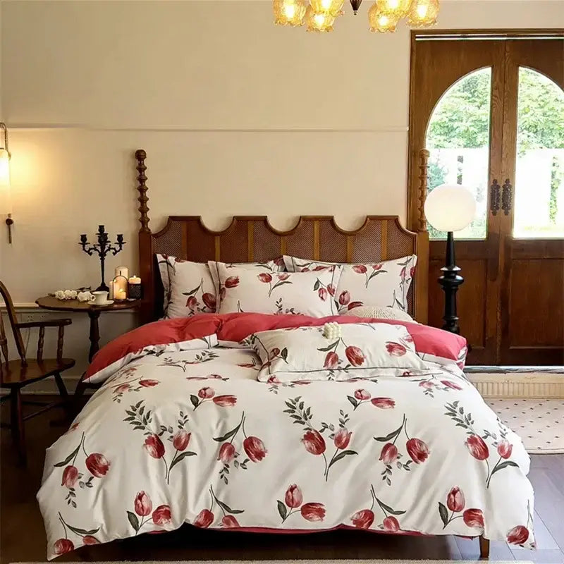 White duvet cover with red tulip pattern and pink pillowcases in floral cream egyptian cotton bedding sets