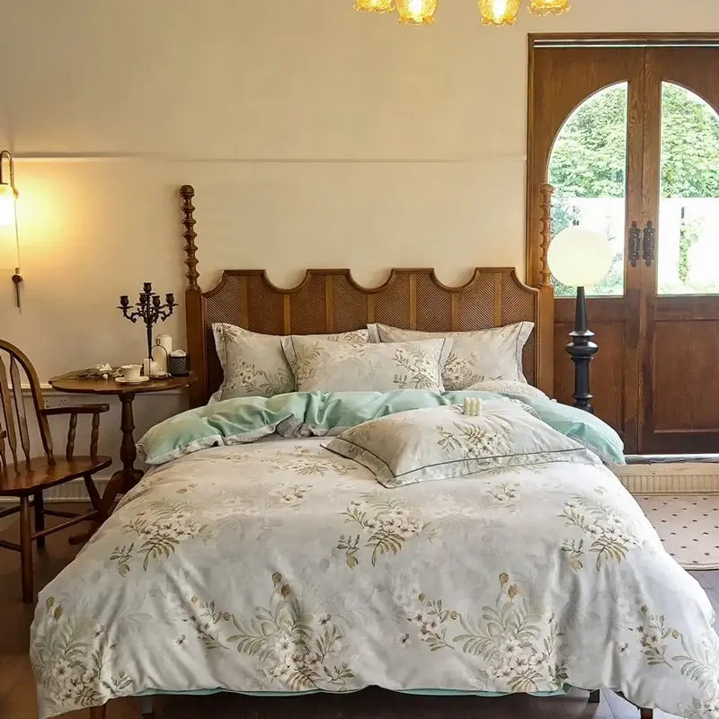 Floral cream egyptian cotton bedding sets featuring a soft light blue and cream floral pattern with delicate green accents