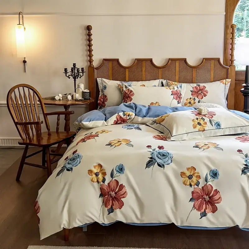 Cream-colored floral egyptian cotton bedding set featuring vibrant red blue and yellow blossoms on soft fabric