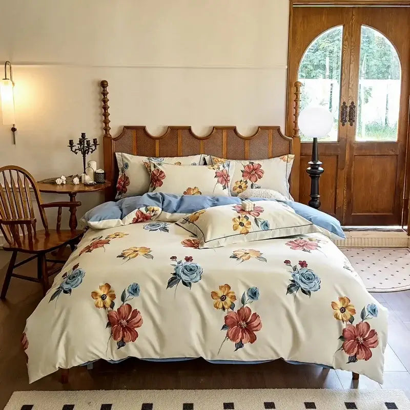 Cream-colored floral egyptian cotton bedding set with vibrant red blue and yellow flowers for bedroom use
