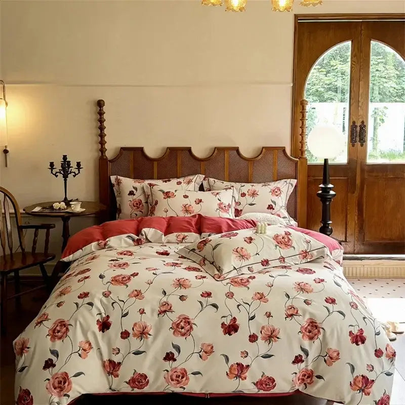 Floral cream Egyptian cotton bedding sets with soft pink and deep red roses featuring matching duvet cover and pillows