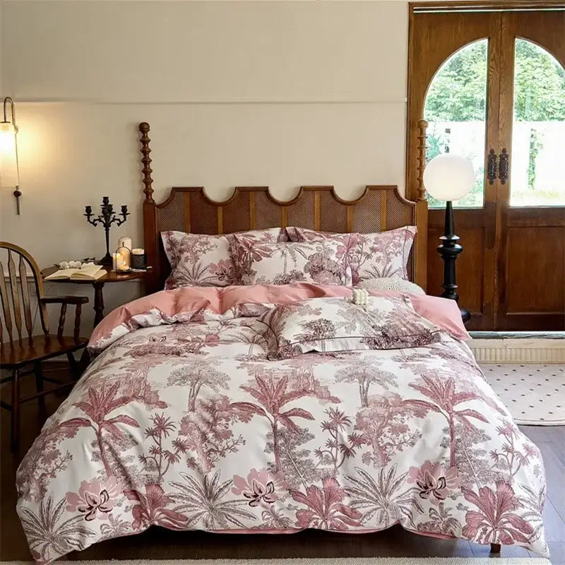Floral cream egyptian cotton bedding set with pink and white vintage botanical print duvet cover in cotton bedding sets