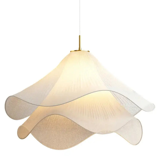 Floral cream fabric pendant light with layered petal shades and gold-toned metal fixture for bedroom lighting