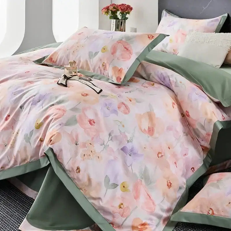 Pastel floral duvet cotton bedding set with soft pink lavender and peach blossoms and sage green satin trim